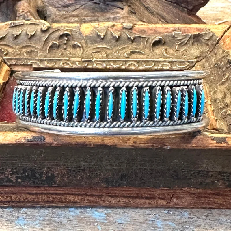 women bangles sets -Vintage Zuni Sterling Silver Needlepoint Turquoise Row Bracelet