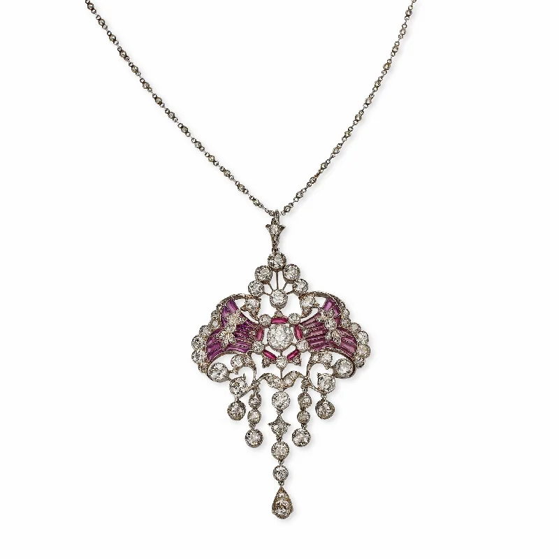 women pendant necklaces -Edwardian Diamond and Plique-à-jour Enamel Pendant Necklace