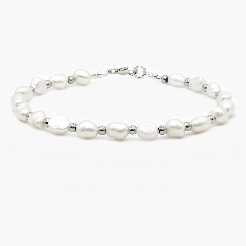 women thick bangles -Freshwater Pearl Silver Bracelet