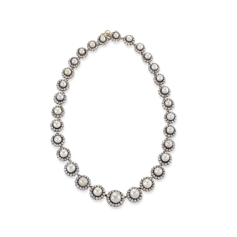 women beaded necklaces -Natural Saltwater Button Pearl and Diamond Necklace