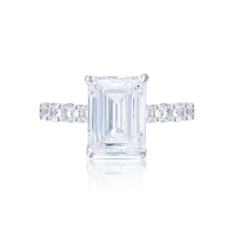 women minimalistic engagement rings -Lourie 8 Carat E VS2 Emerald Cut Lab Grown Diamond Engagement Ring in 18k White Gold. GIA Certified.