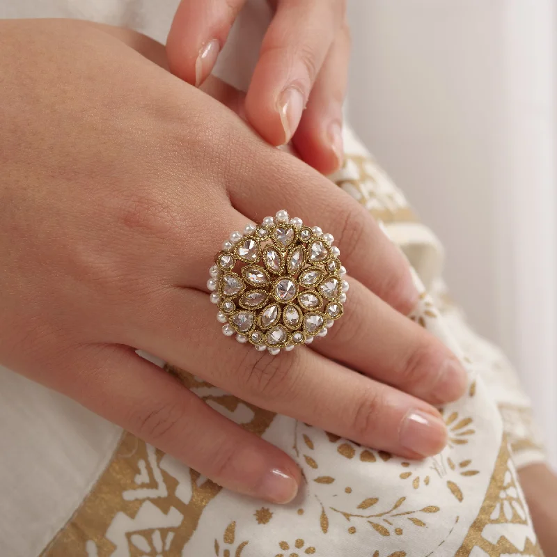 women engagement bands -Classic Floral Oversized Ring in Pearl and White