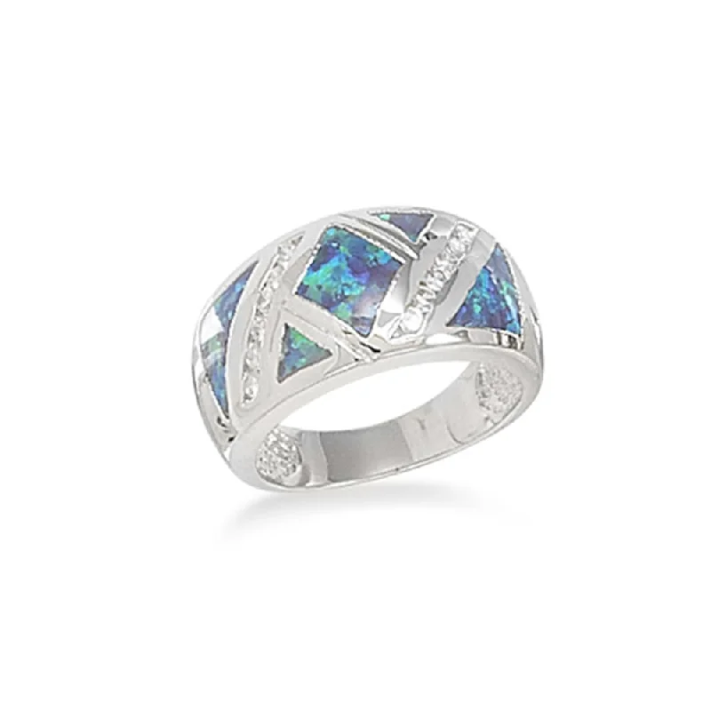 women custom gemstone rings -Synthetic Blue Opal Band Ring Cubic Zirconia Accents Sizes 6-9 Sterling Silver