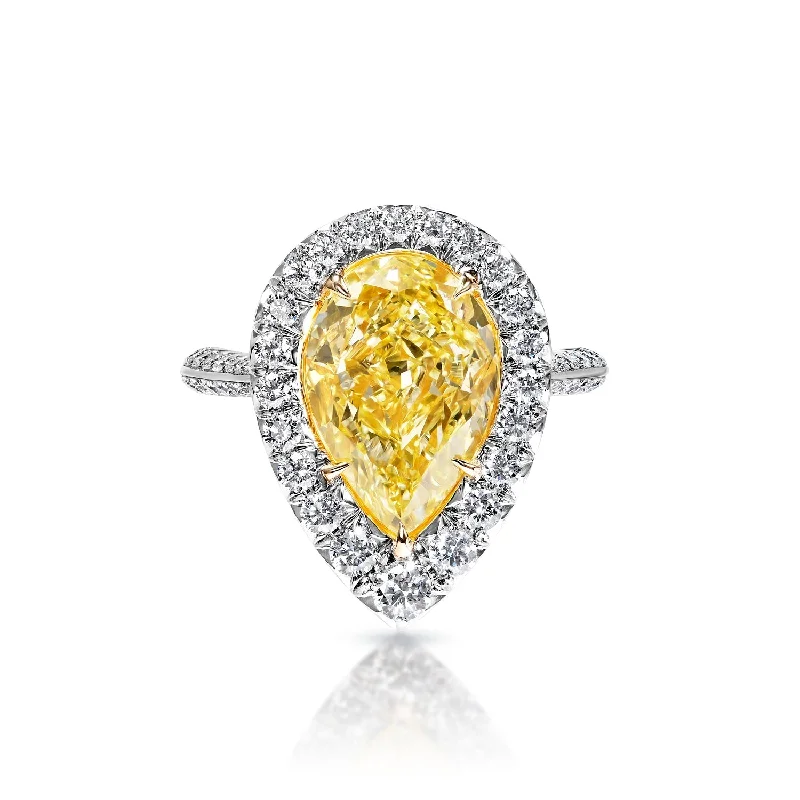 women double halo engagement rings -Kendall 5 Carat Fancy Intense Yellow SI1 Pear Shape Diamond Engagement Ring in White Gold. GIA Certified By Mike Nekta