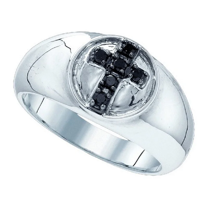 women platinum diamond rings -Mens Cross Ring Black Diamonds Rhodium on Sterling Silver