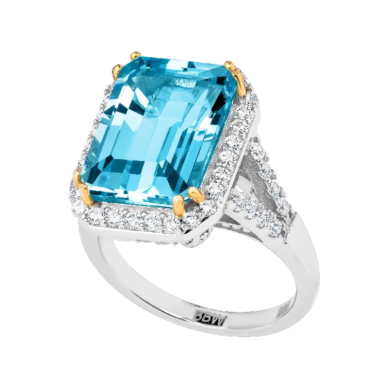 women bold rings -Sterling Silver 8 Carat Blue Topaz Emerald Cut Ring with 18 KGP Prongs