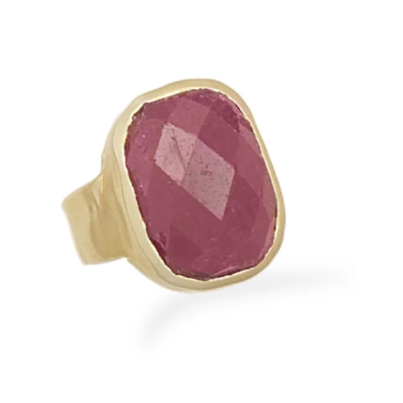 women wedding bands for her -Rough-cut Dyed Red Corundum Ring Gold Plate