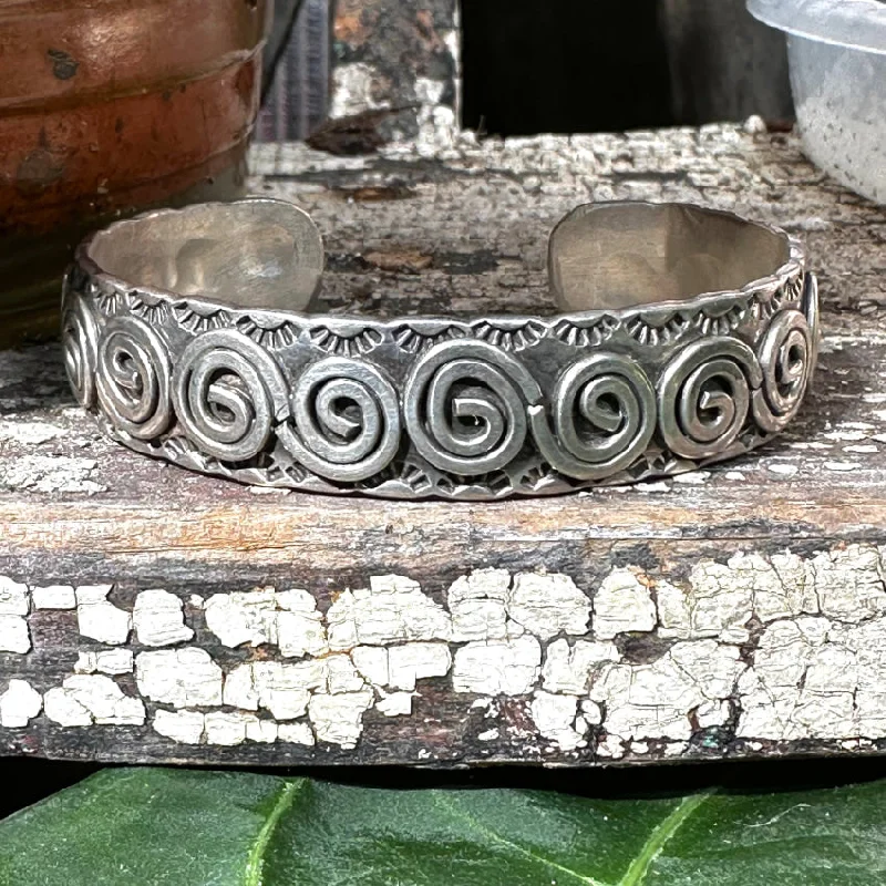 women eco-friendly bracelets -Vintage Signed Navajo Sterling Silver Spiral Bracelet