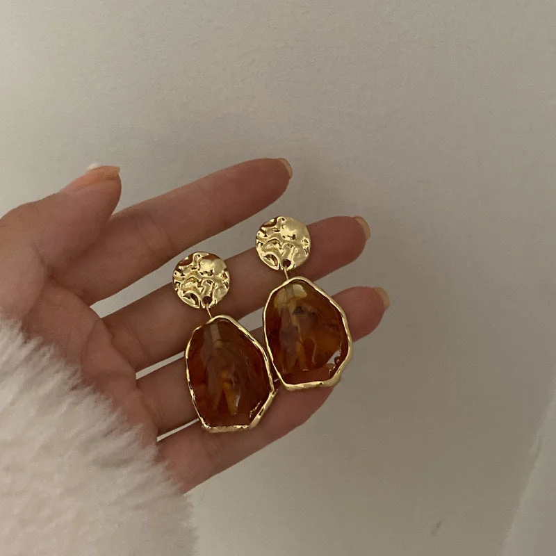 women gold plated earrings -resin-artifical-marble-brown-earrings-jlt11232