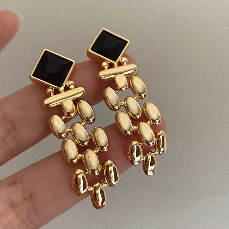 women rose gold hoop earrings -Statement Gold Plated Black Stone Dangle Earrings jlt11624