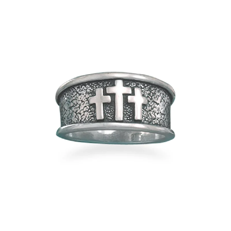 women silver engagement rings -Three Cross Ring Antiqued Sterling Silver Tapered Band - Made in the USA