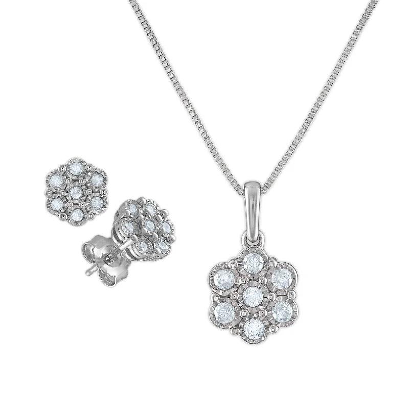 women crystal stud earrings -1/2 CTW Diamond Flower 18-inch Pendant Earrings Set in Sterling Silver