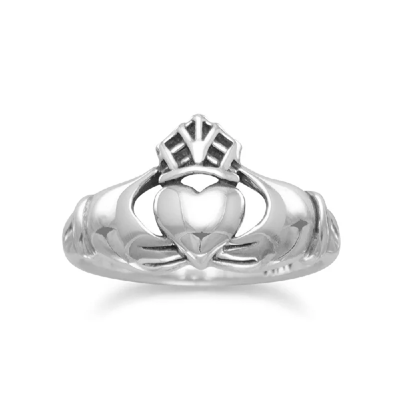 women large statement rings -Claddagh Ring Antiqued Sterling Silver Mens Womens Smooth Band