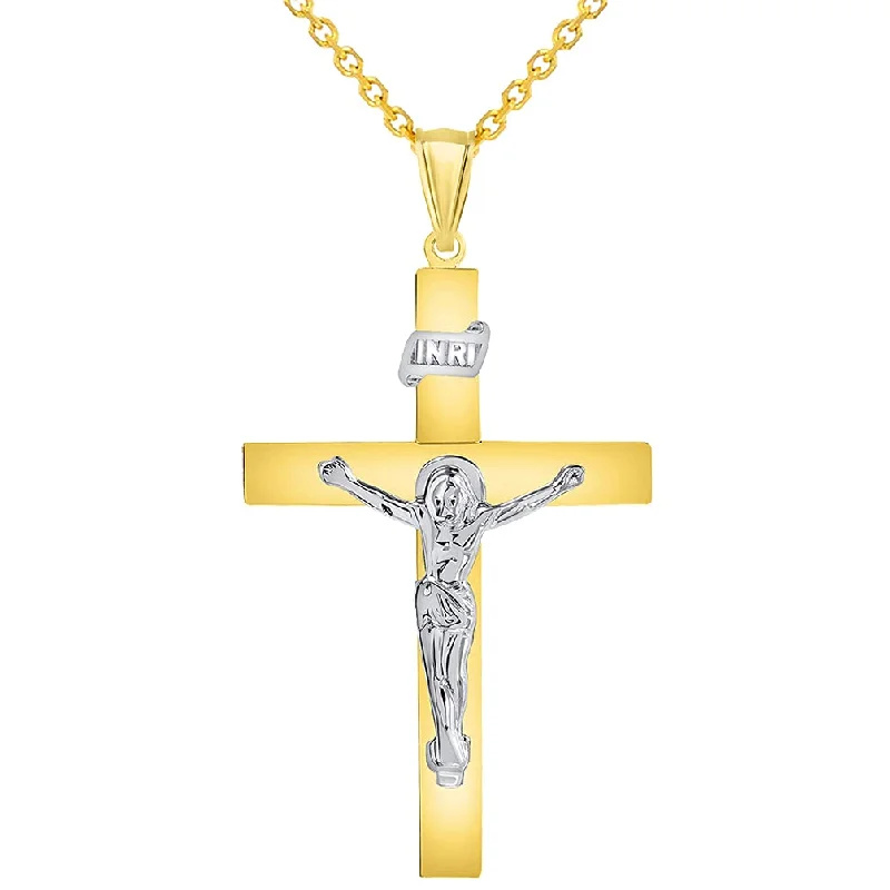 women short necklaces -14k Two-Tone Gold 4mm Thick INRI Tubular Cross Roman Catholic Crucifix Pendant With Cable, Curb or Figaro Chain Necklace