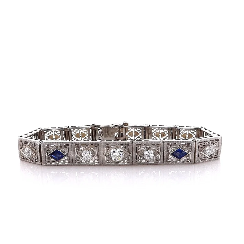 women charm bracelets -Estate 14 Karat White Gold Diamond and Synthetic Sapphire Bracelet