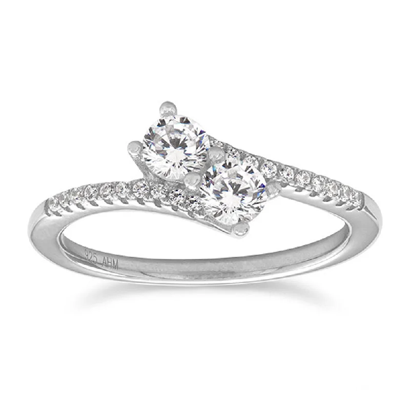 women diamond wedding rings -Overlap Two Stone Cubic Zirconia Ring Rhodium on Sterling Silver and Side Stones