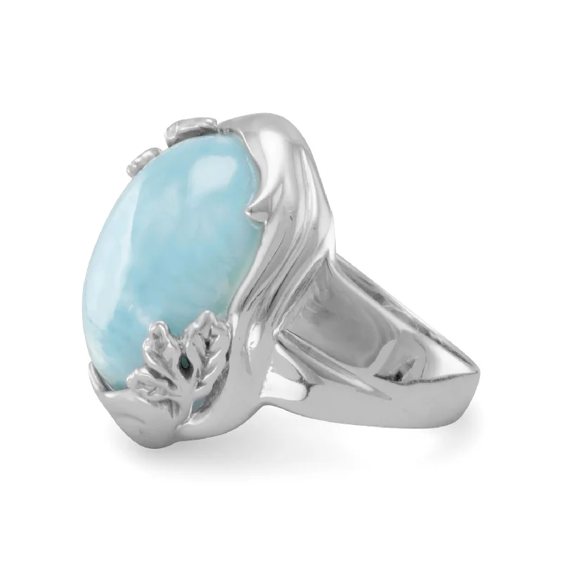 women personalized rings -Atlantis Stone Larimar Ring Leaf and Vine Design Rhodium on Sterling Silver