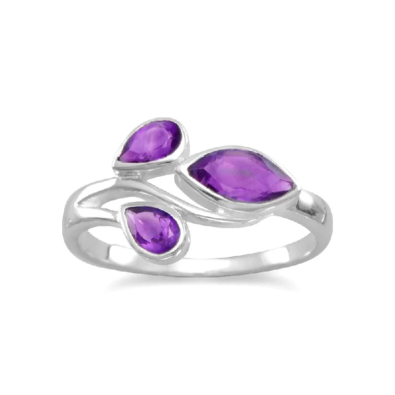 women heart-shaped engagement rings -Amethyst Three-stone Ring with Teardrop and Marquise Stones Sterling Silver