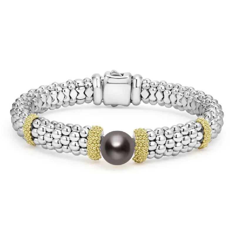 women gold tennis bracelets -Lagos Luna Two-Tone Tahitian Black Pearl Caviar Bracelet, 9mm