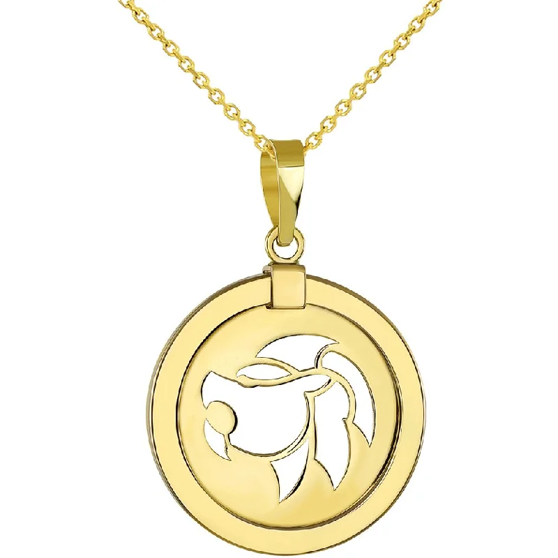 women designer necklaces -14K Yellow Gold Reversible Round Lion Leo Zodiac Sign Pendant With Cable, Curb or Figaro Chain Necklace