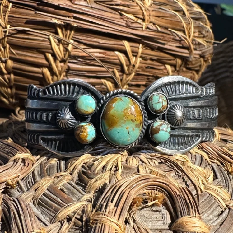 women boho bracelets -Signed Navajo Sterling Silver Turquoise Cuff Bracelet Old Style