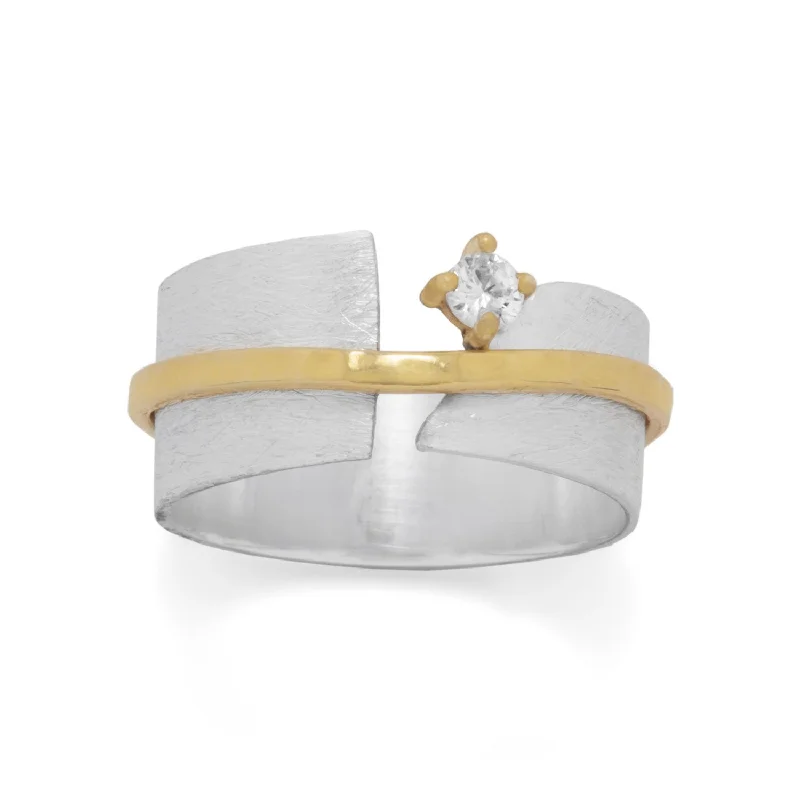 women custom rings -Sterling Silver Band Ring Two-tone Gold-plated and 3mm Cubic Zirconia