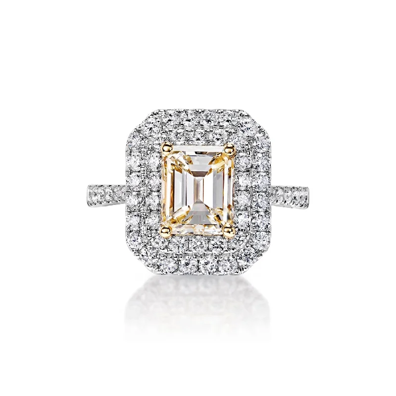 women meaningful engagement rings -Briella 3 Carat K SI1 Emerald Cut Double Halo Diamond Engagement Ring in 18k White Gold By Mike Nekta. GIA Certified