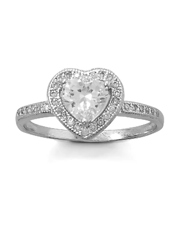 women cocktail rings -Heart Ring Cubic Zirconia Halo and Band Rhodium on Sterling Silver