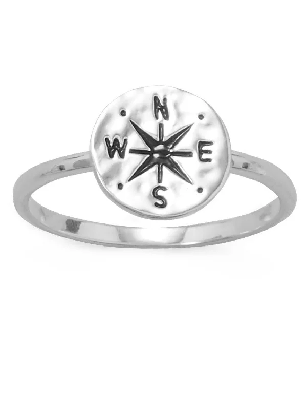 women modern rings -Nautical Compass Ring Hammered Finish Disk Sterling Silver