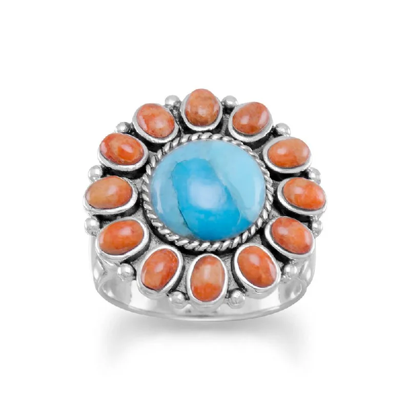 women bold rings -Sterling Silver Reconstituted Turquoise and Coral Flower Sunburst Ring