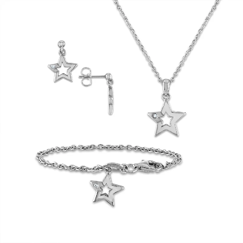 women gold earrings -Diamond Accent Star Earrings Pendant Bracelet Set in Sterling Silver. Chain not Included