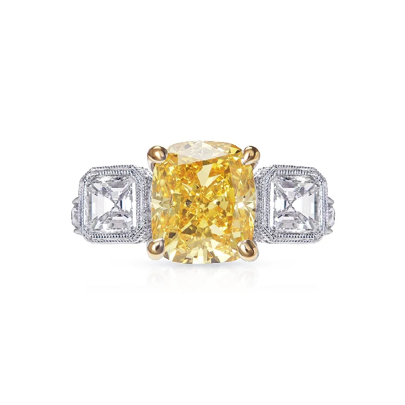 women solitaire engagement rings -Esther 6 Carat Fancy Vivid Orangey Yellow VS1 Cushion Cut Earth Mined Diamond Engagement Ring Three Stone. GIA