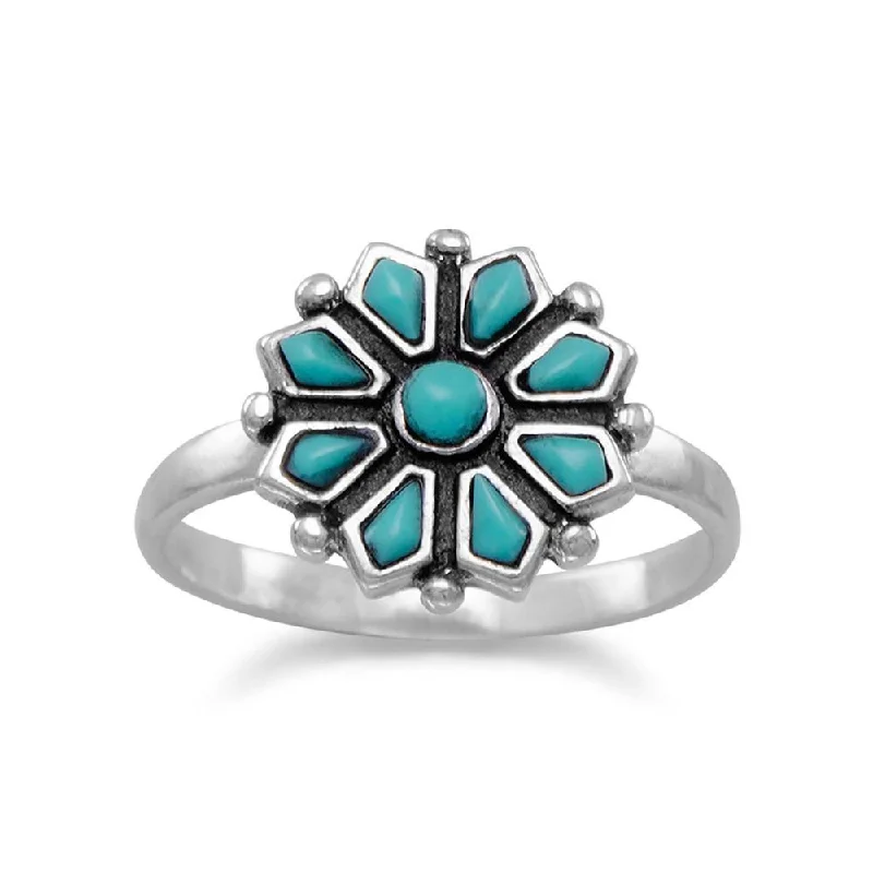 women eternity band rings -Reconstituted Turquoise Stone Flower Ring Sterling Silver