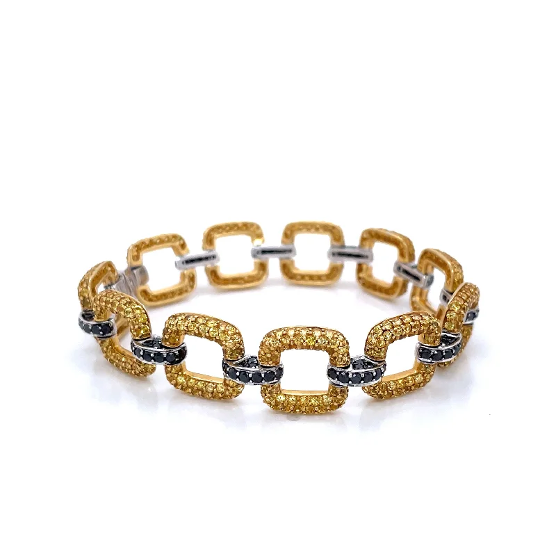 women wedding bracelets -Estate 18k Two-Tone Square Link Bracelet with Yellow Sapphires and Black Diamonds