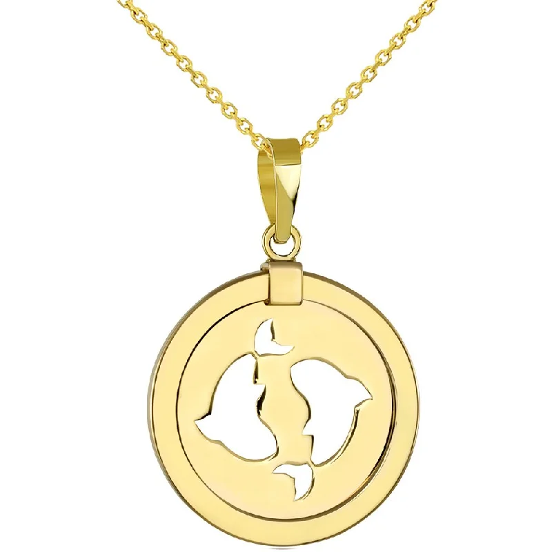 women white gold necklaces -14K Yellow Gold Reversible Round Pisces Zodiac Sign Pendant With Cable, Curb or Figaro Chain Necklace