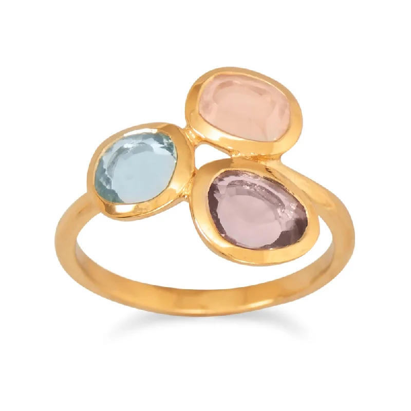 women stylish rings -Three stone Amethyst Rose Quartz and Blue Topaz Ring Gold-plated Sterling Silver