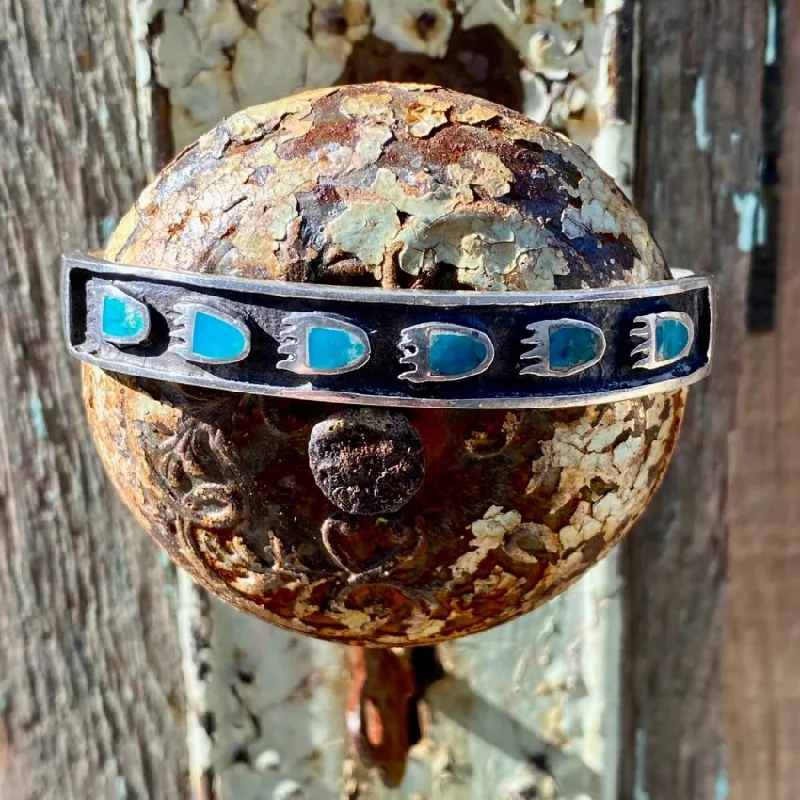 women gemstone bangles -Vintage Southwestern Turquoise Bear Track Cuff Bracelet 925