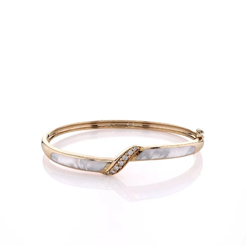 women silver plated bracelets -Estate Kabana 14k Yellow Gold Diamond and Mother of Pearl Inlay Hinged Bangle Bracelet