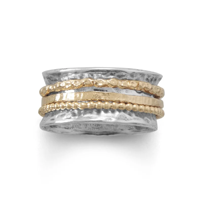 women cubic zirconia rings -Spin Ring with Three Gold Spinning Bands Hammered Antiqued Sterling Silver