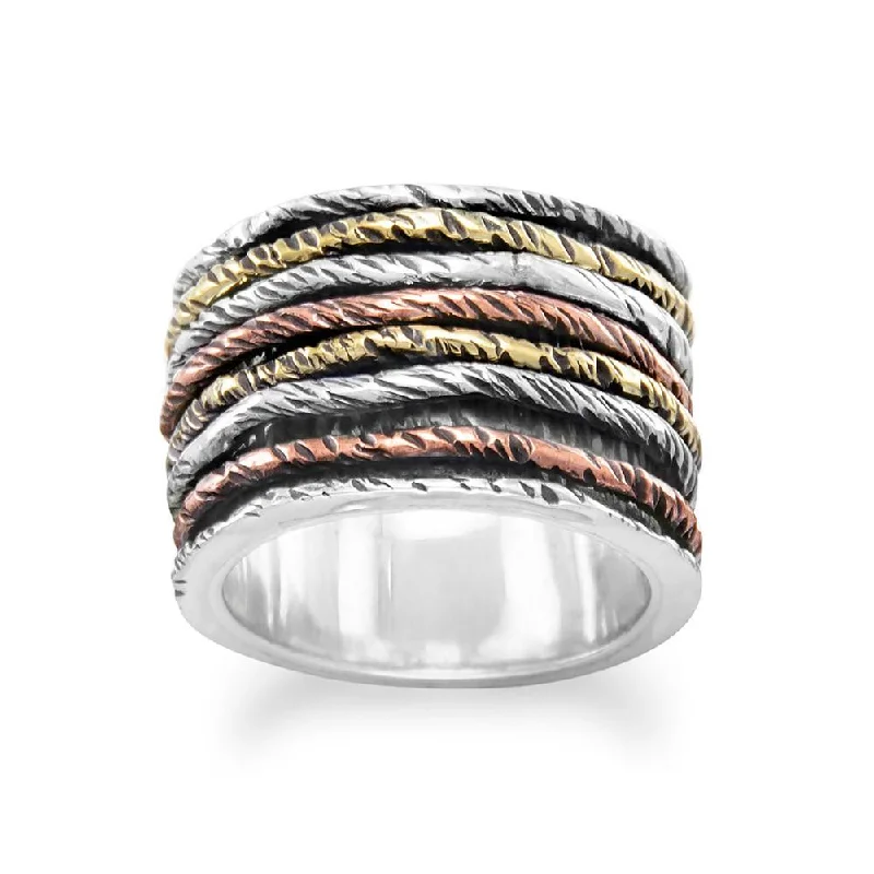 women unique wedding rings -Spin Band Ring with Tri Tone Bands Yellow and Rose Gold Over Sterling Silver