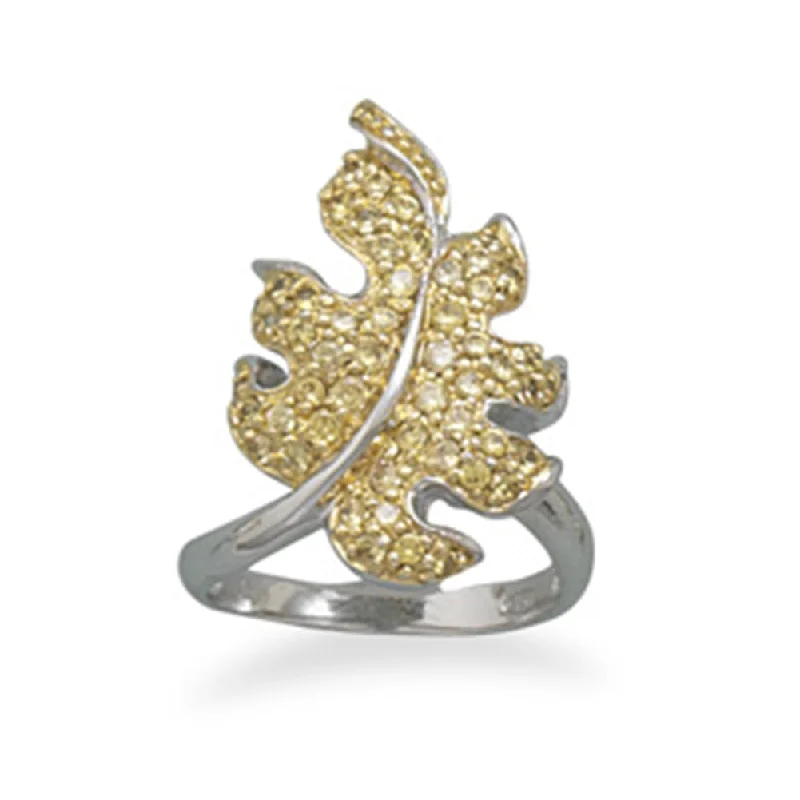 women personalized wedding rings -Yellow Cubic Zirconia Leaf Ring