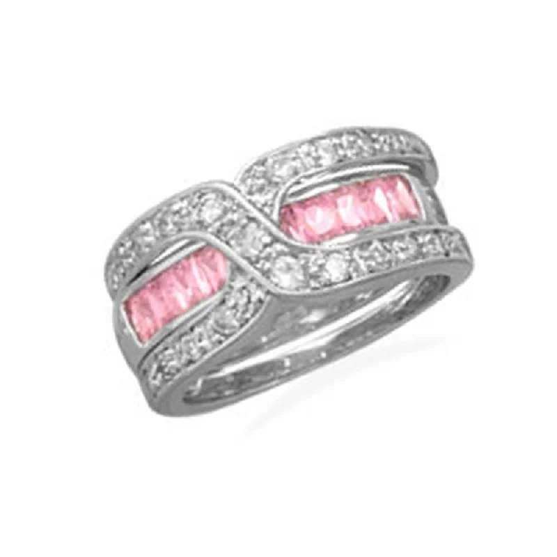 women classic wedding bands -Pink and Clear Cubic Zirconia Band Ring with Guard Rhodium on Sterling Silver