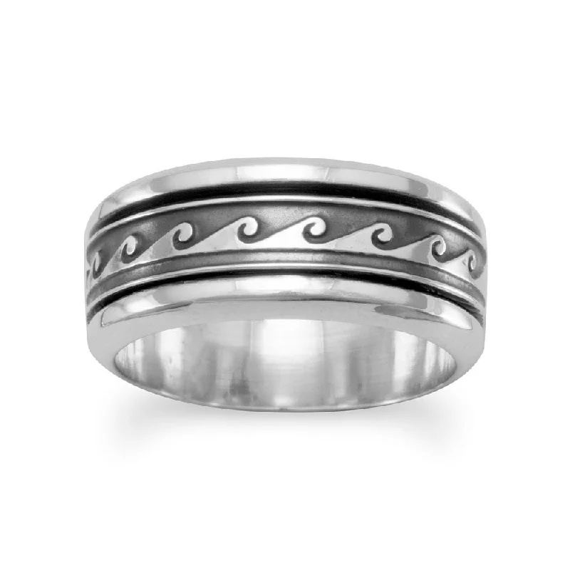 women diamond rings -Spin Ring with Wave Design Mens Womens Sizes Antiqued Sterling Silver