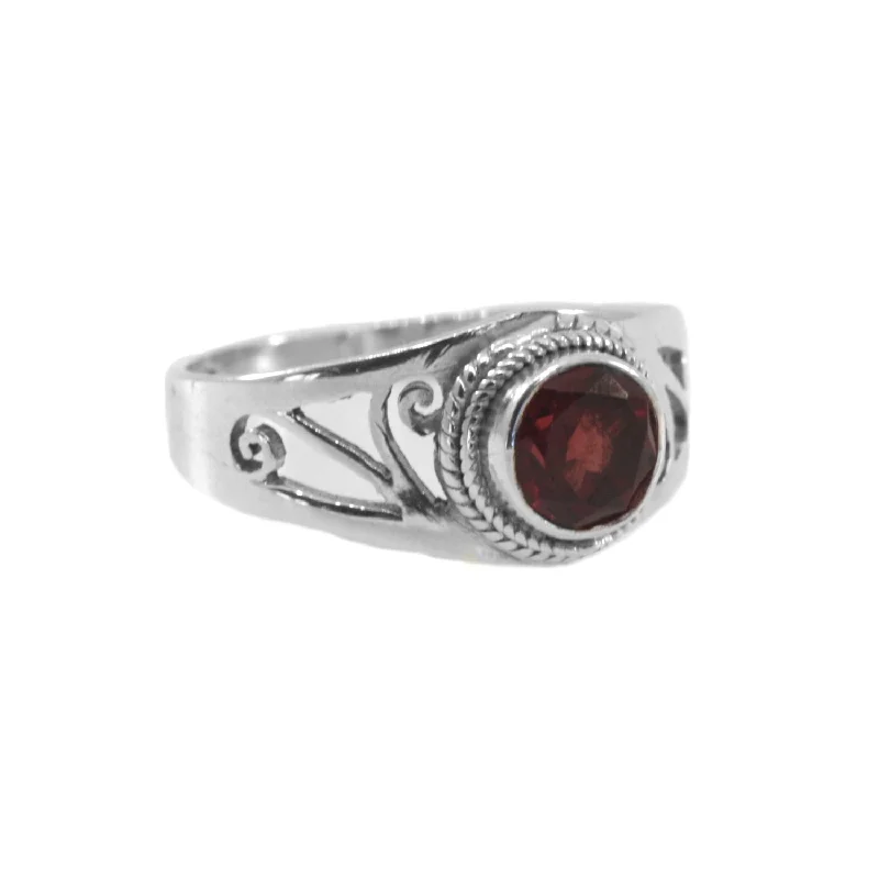 women personalized rings -Round Garnet Butterfly Design Ring Handmade Sterling Silver