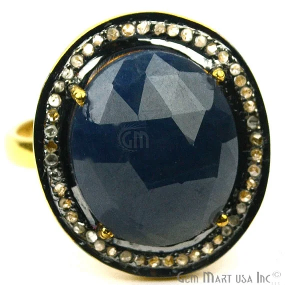 women gemstone engagement rings -Sapphire with Diamond Pave Ring, 925 Sterling Silver Gold Vermeil Adjustable Gemstone Ring (NDRG-12005)