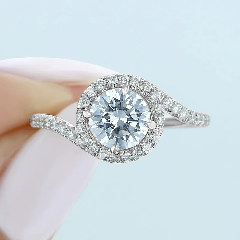 women silver engagement rings -1.0 ct  Round cut Halo Unique Moissanite Engagement Ring