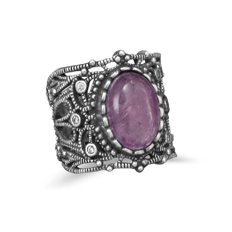 women fashionable rings -Wide Band Vintage Style Amethyst Ring with Cubic Zirconia CZ Accents