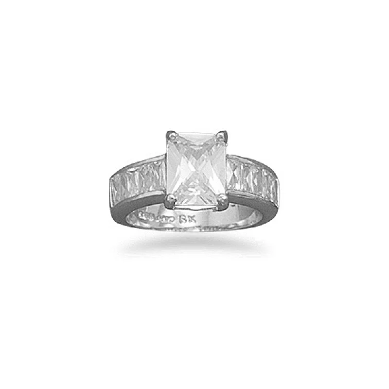 women sparkling rings -Rectangle Cut Cubic Zirconia Solitaire Ring with Baguette Side Accents Rhodium on Sterling Silver