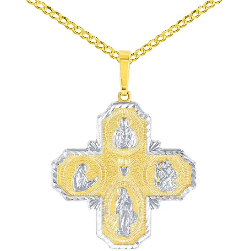 women festival necklaces -Textured 14K Yellow Gold Four Way Cross Charm I Am Catholic Please Call A Priest Pendant With Cable, Curb or Figaro Chain Necklace