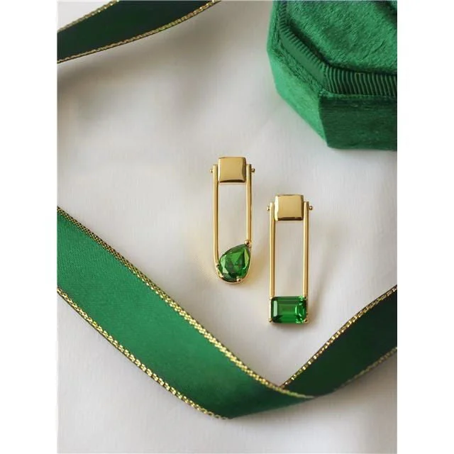 women gold hoop earrings for women -Gold Geometric Drop Earrings with Green Gemstone Accents jlt11763